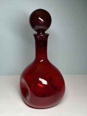 Vintage MCM Viking Glass Ruby Red Pinch Decanter W/Stopper 11” Tall - Image 1 of 4