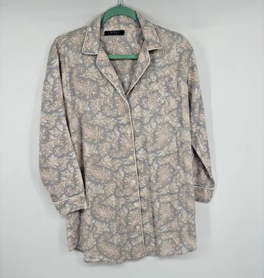Ralph Lauren Pink/Gray Paisley Long Sleeve Cotton Pajama Button Up Nightshirt M - Image 1 of 4