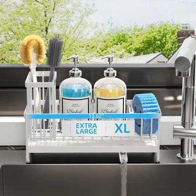 Carrito de fregadero de cocina extra grande a prueba de óxido soporte de cepillo de esponja inoxidable blanco Foto 1 de 4