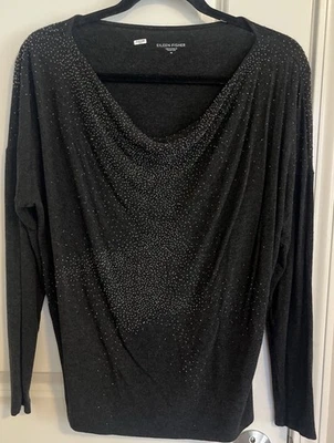 Camisa Eileen Fisher Gris Negra Cuentas Drapeada Cuello Holgado Manga Larga Talla Mediana Foto 1 de 4