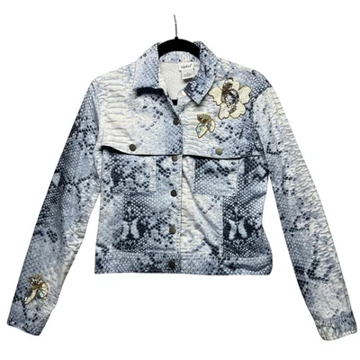 Chaqueta vaquera adornada con estampado de serpiente Y2K para mujer talla 6 azul gris botón delantero Foto 1 de 4