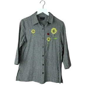 Jeevan Black And White Checkered Shirt Sunflower Embroidery Women Sz M - Picture 1 of 4
