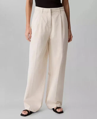 Pantalones para mujer Calvin Klein de mezcla de lino plisados de pierna ancha W31 cremallera natural gancho y barra Foto 1 de 4