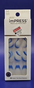 KISS imPRESS Press On Manicure Nails-Mesmerize/Blue & White #89032 Medium/coffin - Picture 1 of 6
