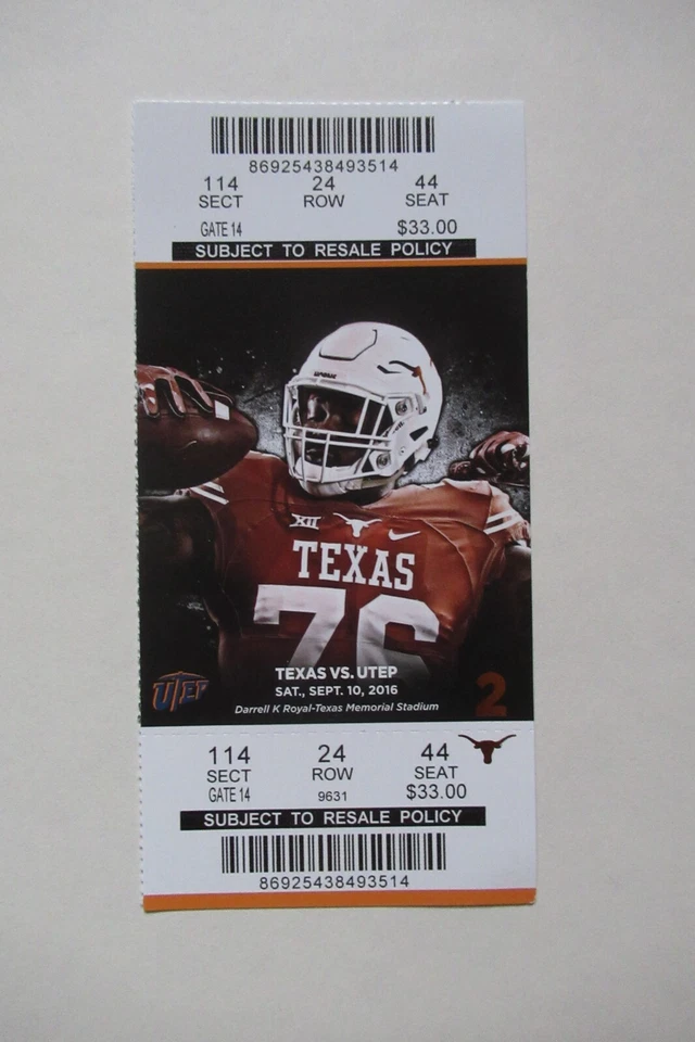 TEXAS LONGHORNS VS UTEP MINERS 9/10/2016 FULL TICKET ~ AARON JONES - Image 1 of 1