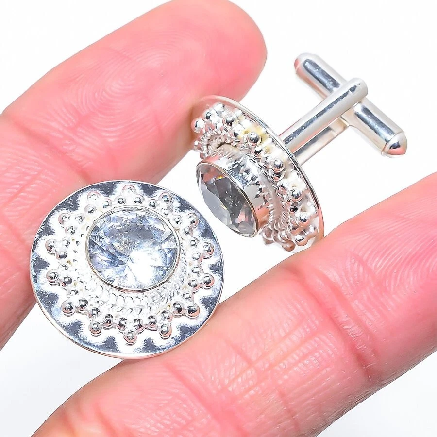 白色黄玉宝石手工 925 纯银珠宝袖扣 — 第 1/1 张图片