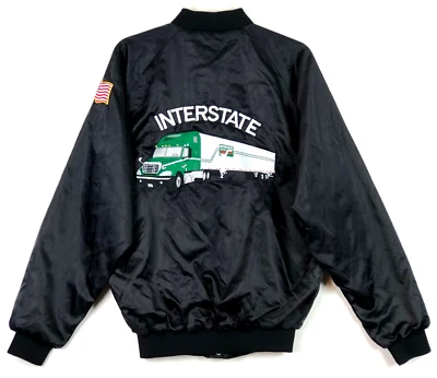 Vintage Interstate Trucking Semi Truck Patch Satin Jacket Cardinal Black Mens M - Image 1 of 4