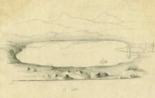Antike Bleistiftzeichnung 19. Jahrhundert Landschaft mit einem See