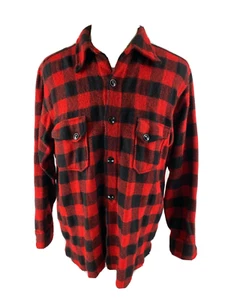 50s 60s Vtg Flannel Button Front Shirt Red Buffalo Plaid Lumberjack Hipster Wool - Picture 1 of 6