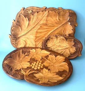 3 alte handgeschnitzte Teller erhaben Relief Blätter/Trauben Wanddeko Holz - Bild 1 von 7