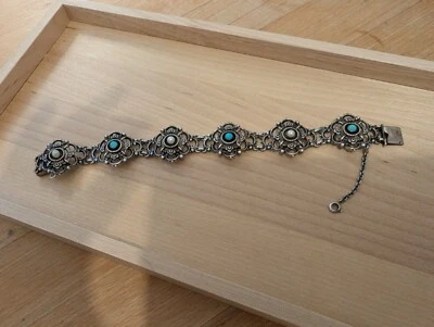 835 Silber Armband Trachtenschmuck Türkis Perle Blumen Vintage Damen 19 cm - Bild 1 von 4