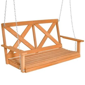 2-Person Porch Swing Chair Heavy-Duty Wooden Yard Garden Hanging Bench - Picture 1 of 7
