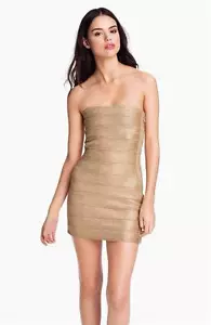HAUTE HIPPIE Gold Metallic Bandage Trägerlos Bodycon Etuikleid L Large - Bild 1 von 9