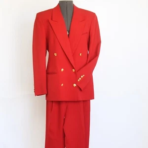 Austin Reed Red 2-PC Pant Suit Double Breasted Blazer Gold Buttons 100% Wool 6-8 - Picture 1 of 13