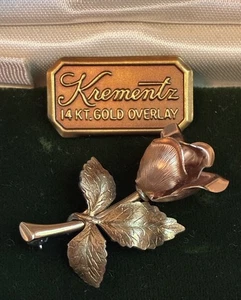Vintage Krementz Jewelry Rose Pin Brooch 14kt Gold Overlay In Original Box - Picture 1 of 10