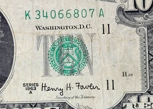 1963 A $10 Ten Dollar Bill Circulated Federal Reserve Note Dallas K34066807A - Picture 1 of 3