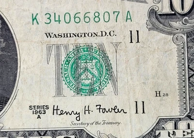 1963 A $10 Ten Dollar Bill Circulated Federal Reserve Note Dallas K34066807A - Image 1 of 3