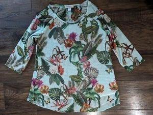 Christopher & Banks Women Floral Jungle Print Top 3/4 Sleeves Sequins Chiffon 1X - Picture 1 of 18