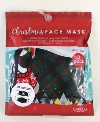 Christmas Face Masks 2 pack, adult size, colors: black, pug with sunglasses with - Image 1 of 2