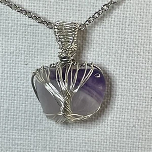 Cute Handmade Silver Copper Wire Wrapped Amethyst Stone Surgical Steel Chain - Picture 1 of 2