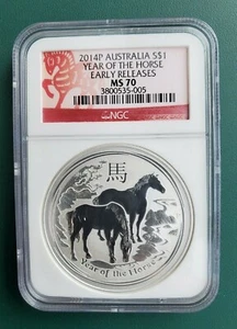 AUSTRALIA HORSE 2014 1 OZ 999 pure SILVER COIN NGC MS 70 Early Releases - Bild 1 von 2