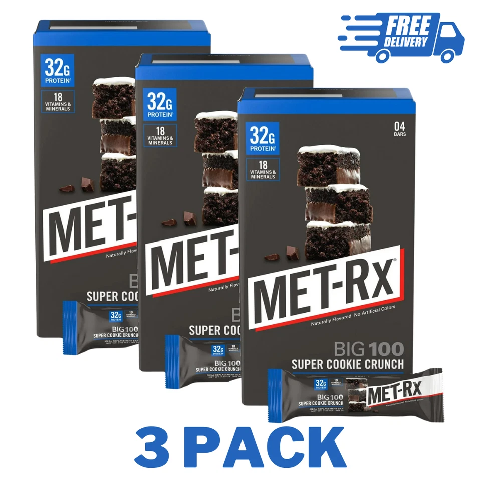 Paquete de 3 barras de reemplazo de comidas altas en proteínas MET-Rx Big 100 Super Cookie Crunch 4 quilates Foto 1 de 1