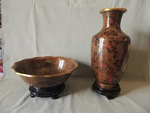 Vintage Chinese cloisonne vase and tureen set on wooden bases IEDX - Picture 1 of 20
