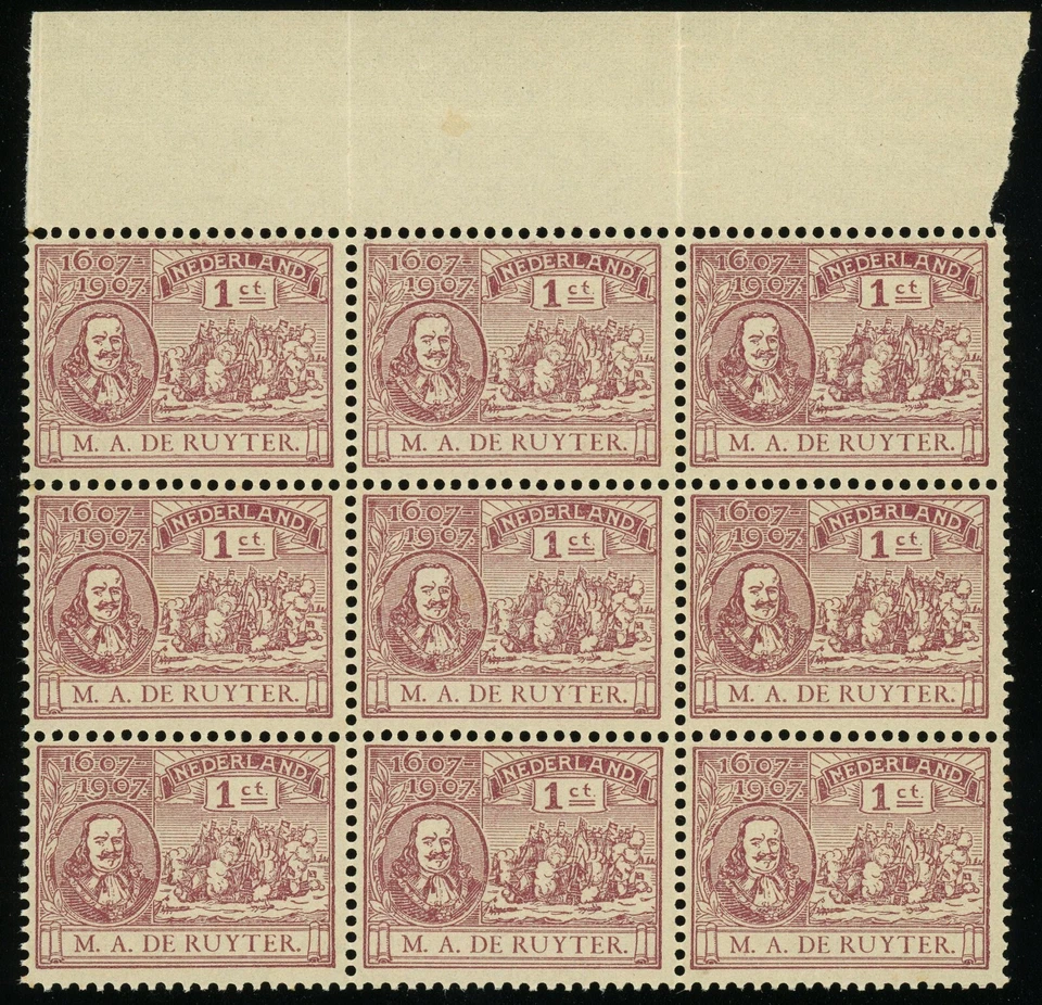 Netherlands #88 Admiral Michiel de Ruyter Block of 9 Stamps 1c Postage 1907 MNH - Image 1 of 1