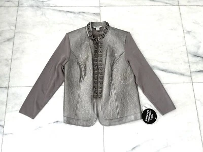 Chaqueta de Cuero Peter Nygard De Colección Mangas Tejidas con Volantes Plateadas para Mujer Plus 0X Nueva con Etiquetas Foto 1 de 4