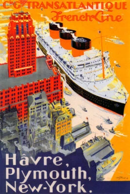PÓSTER REPRO TRANSATLÁNTICO LÍNEA FRANCESA HAVRE VIAJE CRUCERO NUEVA YORK DE COLECCIÓN Foto 1 de 3