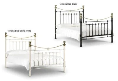 Julian Bowen Victoria Stone White Satin Black Metal Bed 4FT6 Double 5FT King - Image 1 of 4