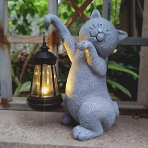 Cat Solar Garden Statue, Resin Figurine with Solar Lantern Lights, Outdoor Lawn - Picture 1 of 5