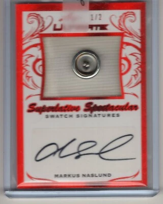 2018-19 Leaf Ultimate Fight Strap Patch Autograph Red #SS-MN1 Markus Naslund 1/2 - Image 1 of 2