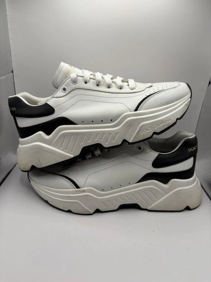 尺码 10UK (11 US)- Dolce Gabbana 男式皮革运动鞋白色黑色无盒 — 第 1/4 张图片