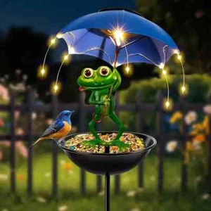 Frog Statue Solar Light - Outdoor Bird Feeder Garden Decor LED String Light Lawn - Picture 1 of 6