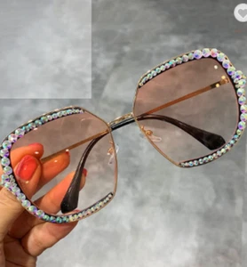 Luxury Rhinestone Square Sunglasses Women Fashion Orange Oversized Shades UV400 - Picture 1 of 12