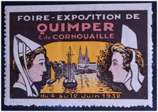 EXPOSITION QUIMPER CORNOUAILLE 1932 TIMBRE VIGNETTE CINDERELLA POSTER BRETAGNE