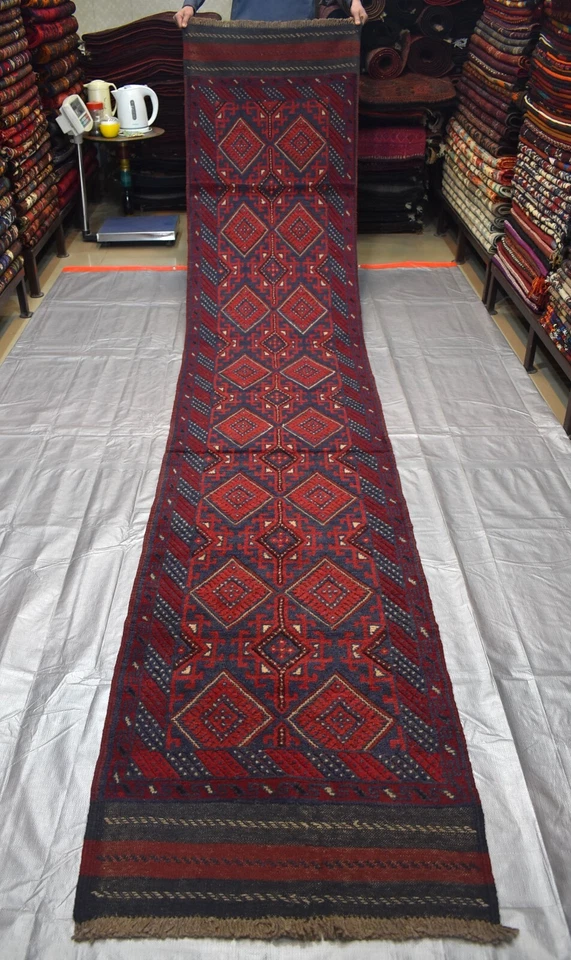 Vintage Afghan Persian Mushvani Runner Rug 3x12 ft Red Blue Oriental Wool Carpet - Image 1 of 4