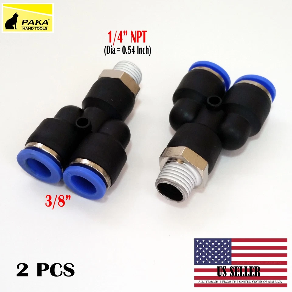 PAKA TOOLS 2X Pneumatic Y Splitter 1/4" NPT to 3/8" Hose OD Air Push Quick Connect Fitting