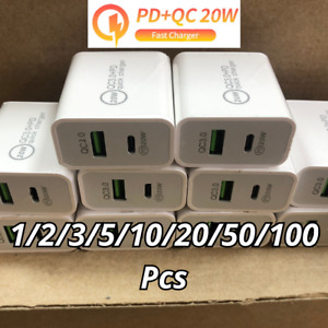 For Android iPhone X 11 12 13 14 PD 20W USB-C Dual Port Adapter Wall Charger Lot