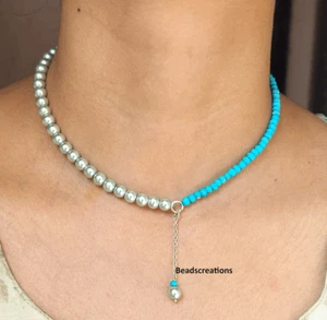 Smooth Silver Pearl and Turquoise Beads Necklace Multi Beads Jewelry Gift Her - Picture 1 of 4