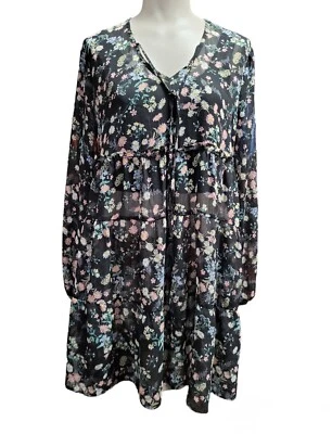 Women's Bebop Sheer Dress M Black Multicolor Daisy Long Sleeve Tie String NWT - Image 1 of 4