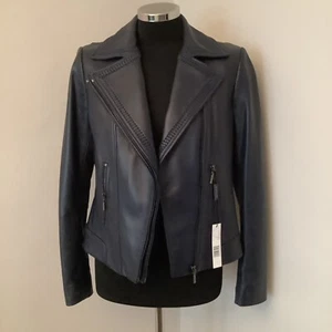 Ellie Tahari Navy  Leather Jacket Size L New - Picture 1 of 7