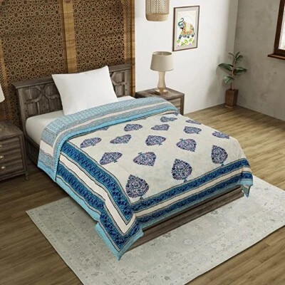 Colcha de algodão tamanho único estampa de bloco de mão 60x90 polegadas - motivos Paan azuis - conjunto 1 - Imagem 1 de 4