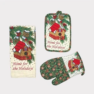 NEW Santas Kitchen VTG Oven Mits Towel Home For The Holidays Birdhouse Christmas - Picture 1 of 4