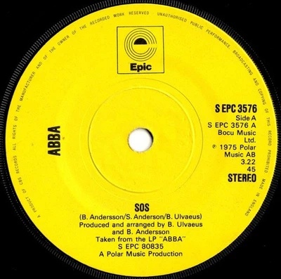 ABBA : SOS  / Man in The Middle  7" Vinyl Single Record  Epic 1975 - Image 1 of 4
