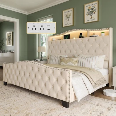 Beige Velvet Upholstered Wingback King Size Bed Frame & Headboard W/ LED Storage - Image 1 of 4