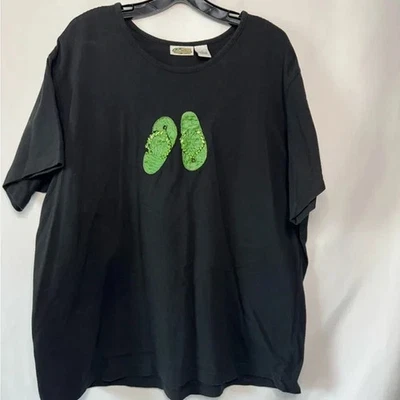 Black Graphic T-Shirt Green Flip Flop Print Size XL - Image 1 of 4