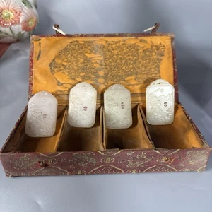 carved chinese white jade pendant Set Of 4 In Old Silk Box - Picture 1 of 12