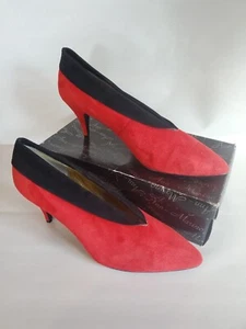 Vintage Ann-Marino Sz 12 B Red Suede High Heel Pumps Black Trim W Box - Picture 1 of 11